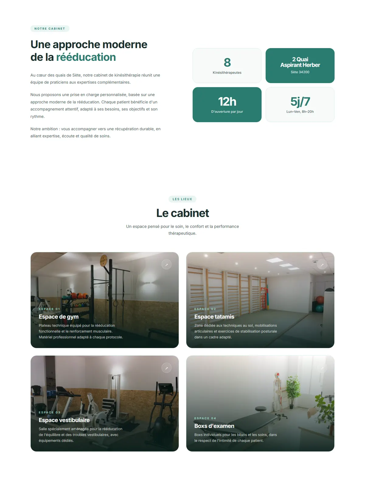 Pages « Notre cabinet » et « Le cabinet » du site kinephysiosete.com, réalisé par KinéSite pour un cabinet de kinésithérapie à Sète